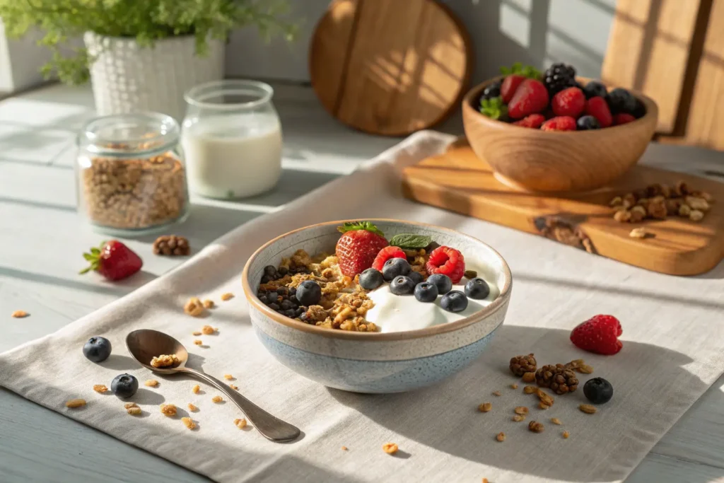 Bol de granola servi avec yogourt et fruits
