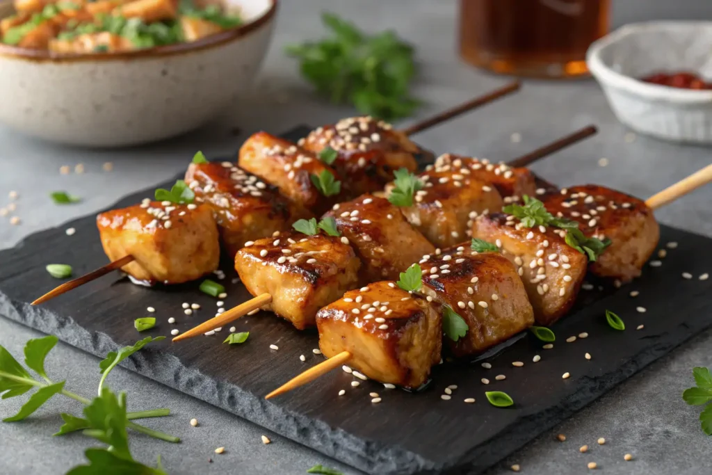 Brochettes de poulet prêtes à cuire dans une marinade sucrée-salée