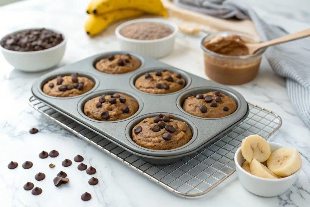 Moules remplis de pâte de muffin à la banane et chocolat