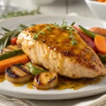 Poitrine de poulet au four dorée et juteuse, sortie du four sur planche rustique
