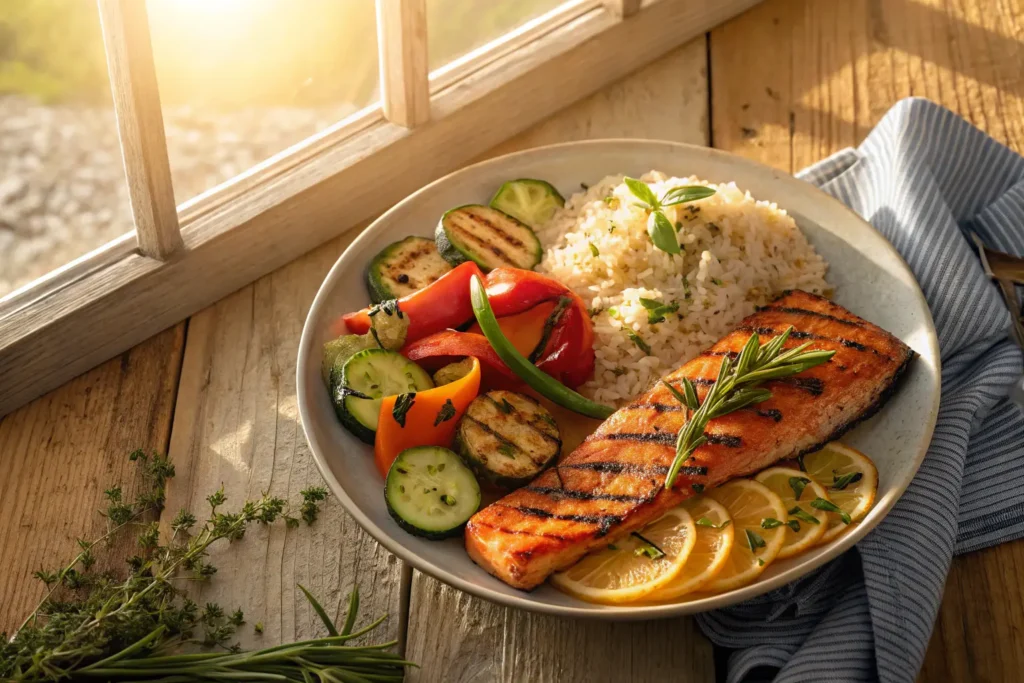 Assiette avec saumon mariné, riz aux herbes et légumes grillés