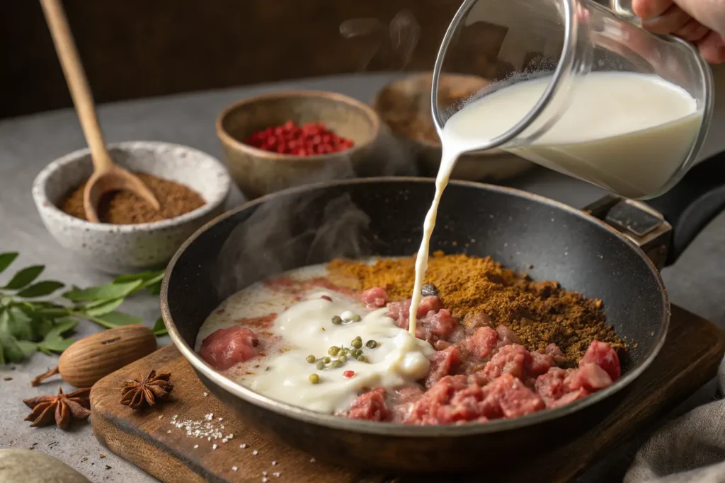 Ajout du lait et des épices dans la viande pour une recette de creton facile