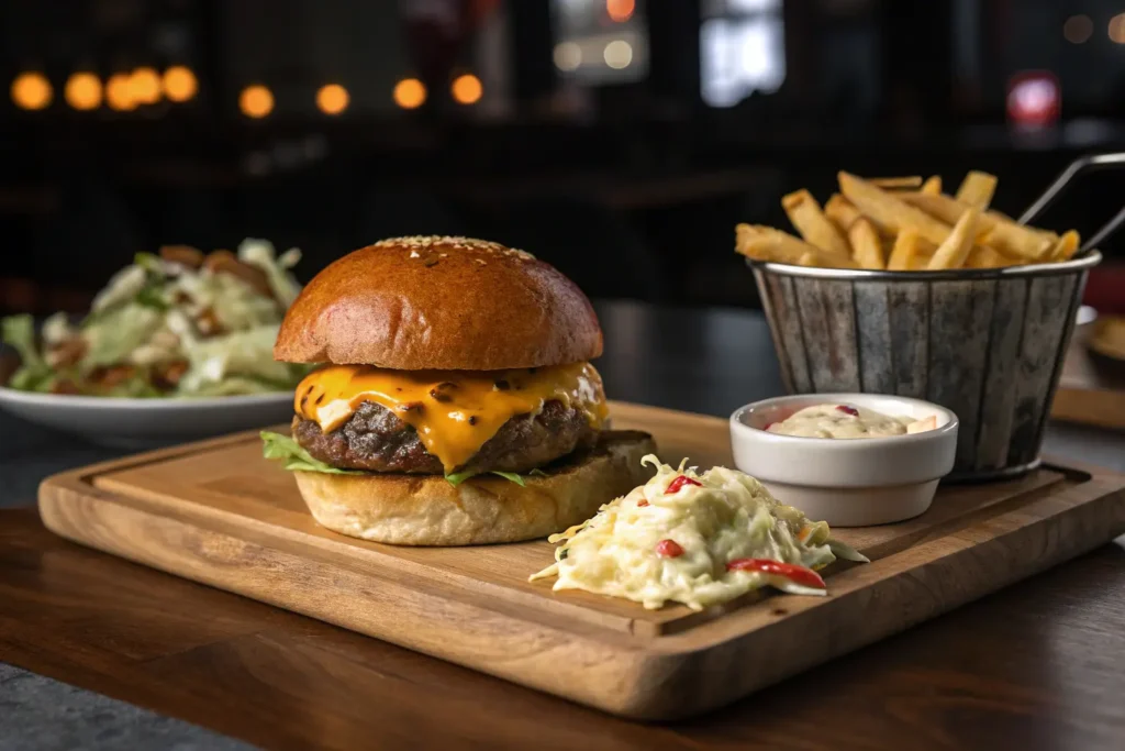 Burger maison servi avec salade de chou crémeuse et frites maison