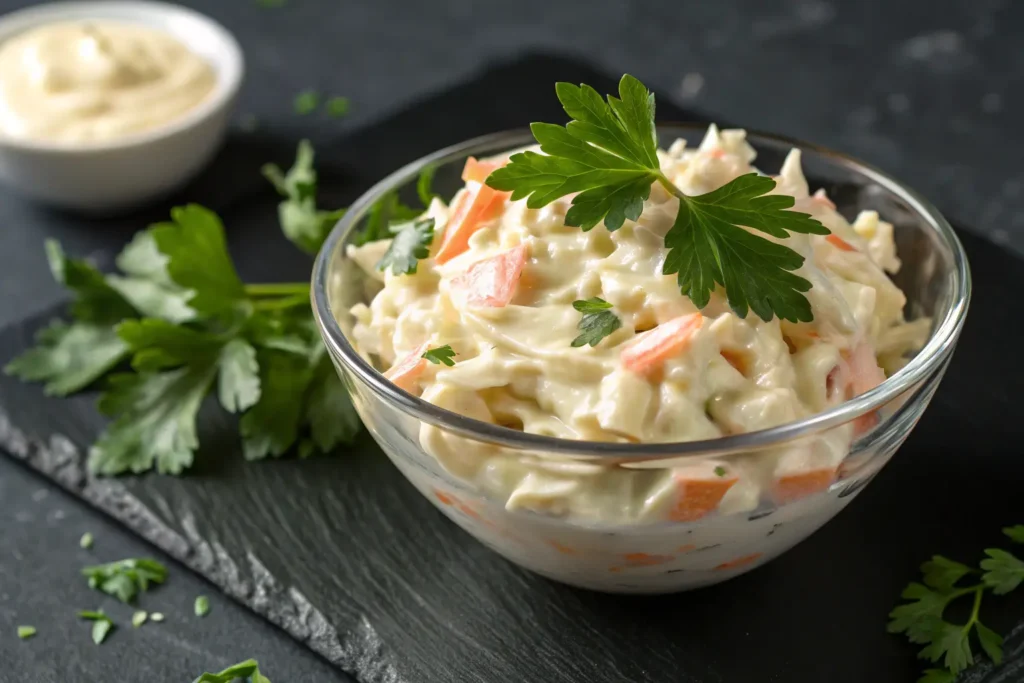 Coleslaw maison crémeux dans un bol transparent avec herbes fraîches