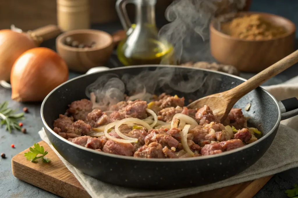 Cuisson du porc haché avec oignons pour la préparation des cretons