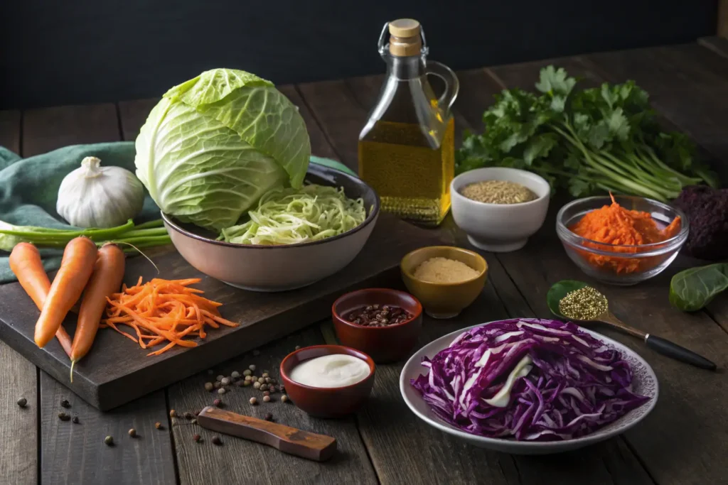 Ingrédients frais pour salade de chou : chou, carottes, vinaigre, mayonnaise