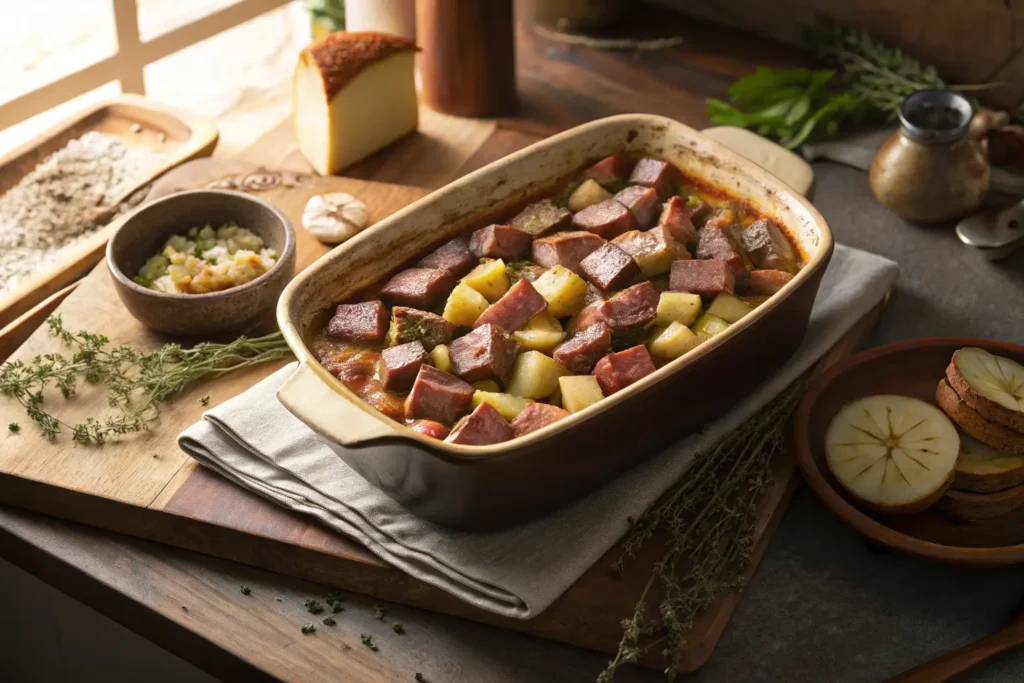 Montage des couches de viande et pommes de terre dans un plat profond pour la recette tourtière lac saint jean traditionnelle