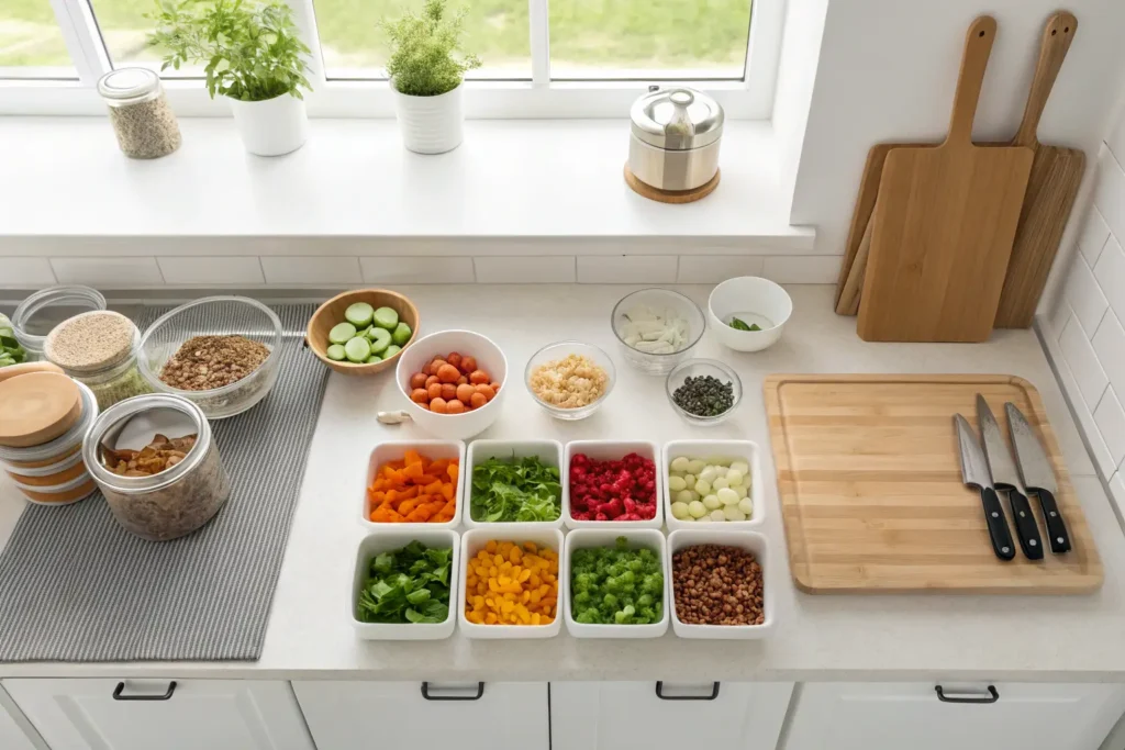 Plan de travail organisé pour cuisiner efficacement 5 recettes en 1h