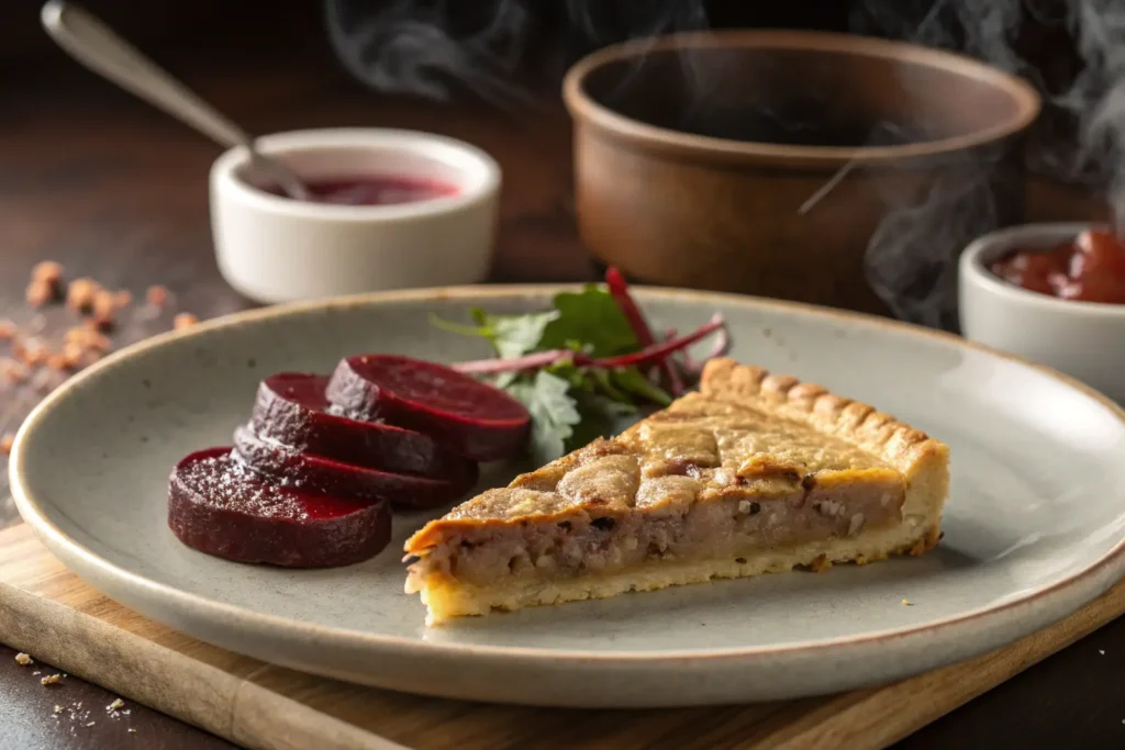 Part de tourtière servie avec ketchup aux fruits et betteraves marinées