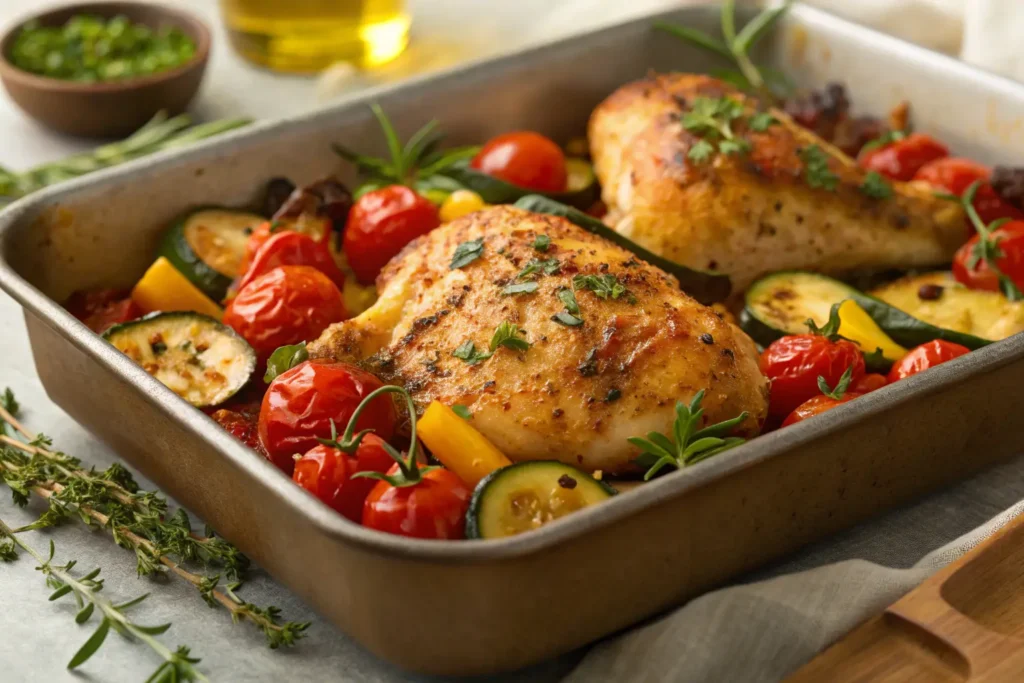 Poulet rôti et légumes méditerranéens au four en pleine cuisson