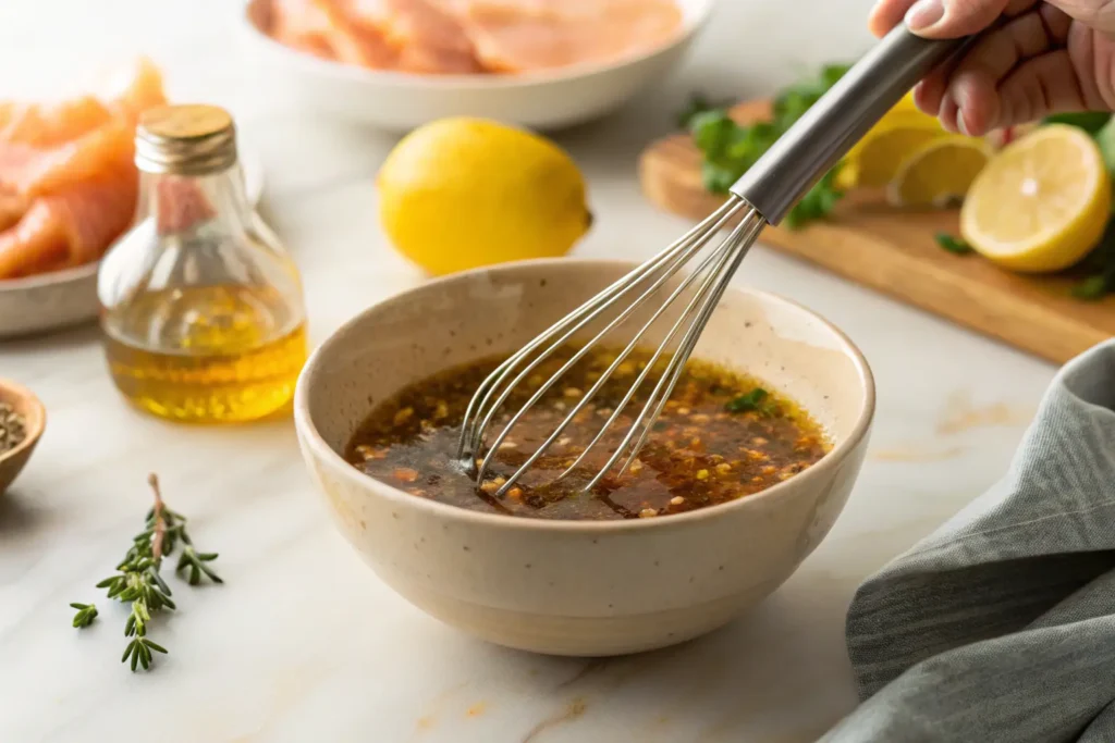 Préparation d’une marinade saumon au miel, citron et sauce soja