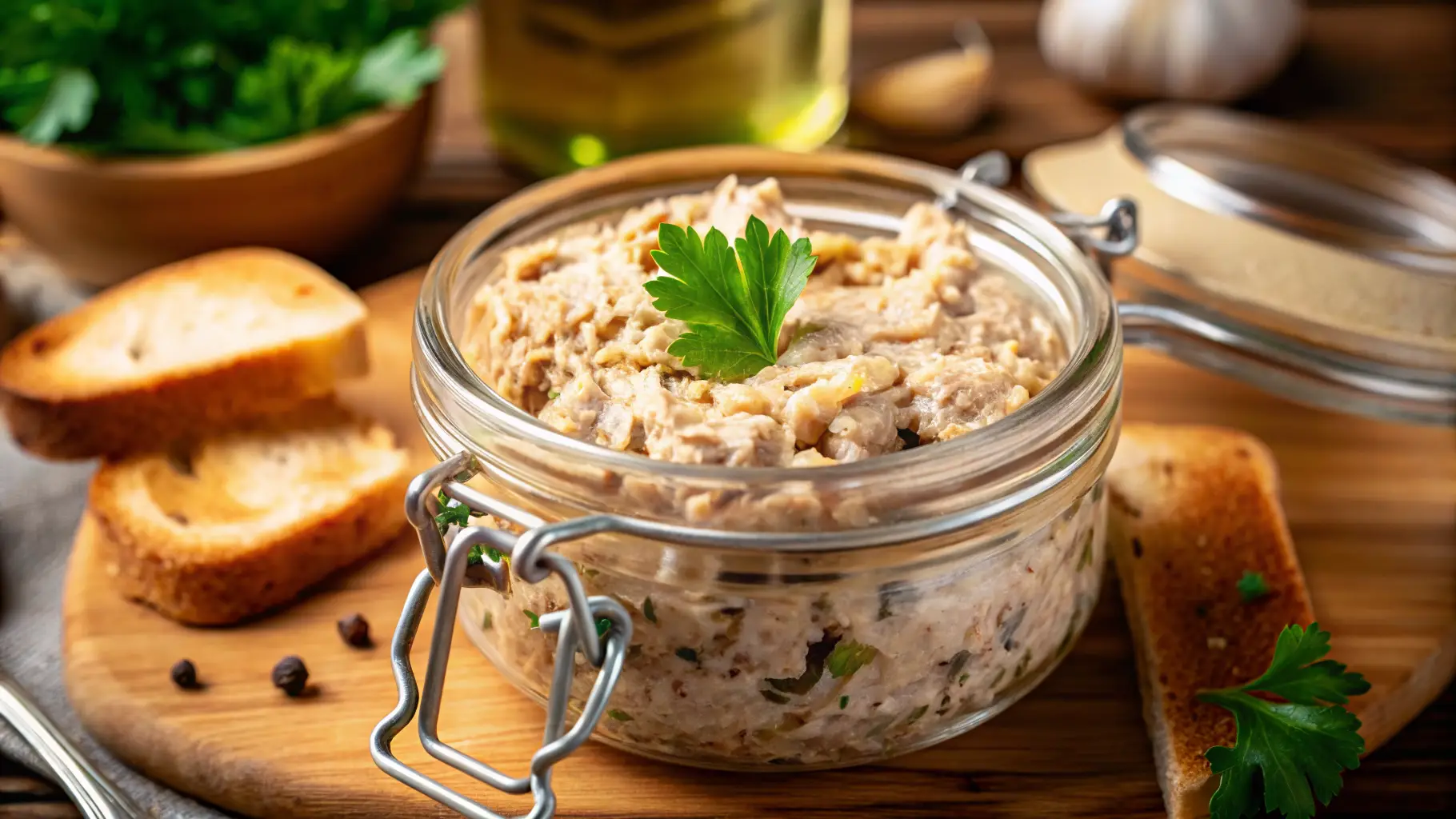 Cretons maison servis avec pain grillé et cornichons sur une table rustique