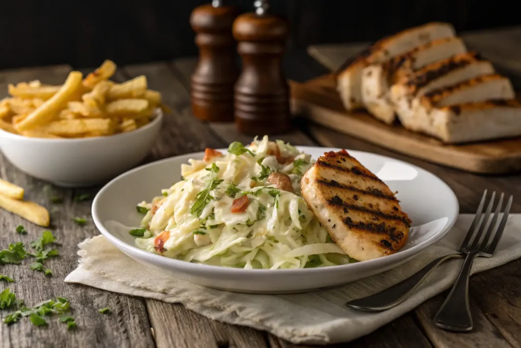Salade de chou style St-Hubert servie avec frites et poulet grillé