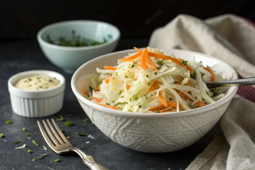 Salade de chou vinaigrée traditionnelle avec carottes râpées servie dans un bol blanc