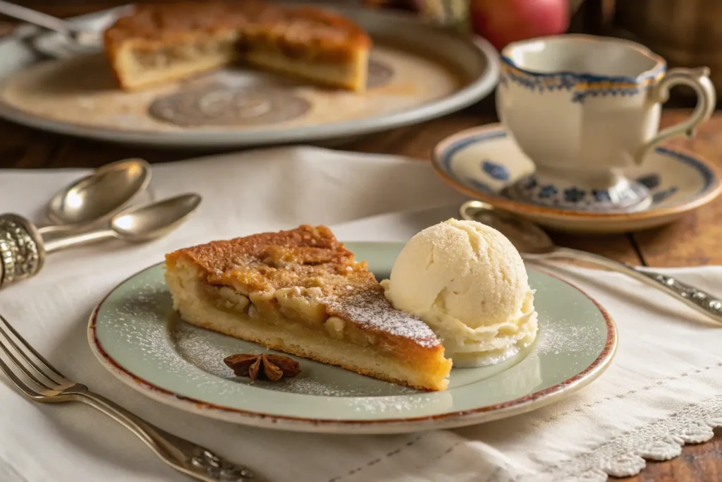 Part de tarte à la farlouche servie avec une boule de crème glacée à la vanille