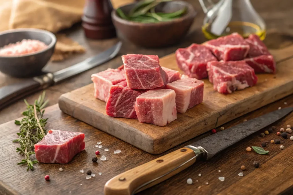 Cubes de bœuf, porc et veau préparés pour la tourtière du Lac-Saint-Jean