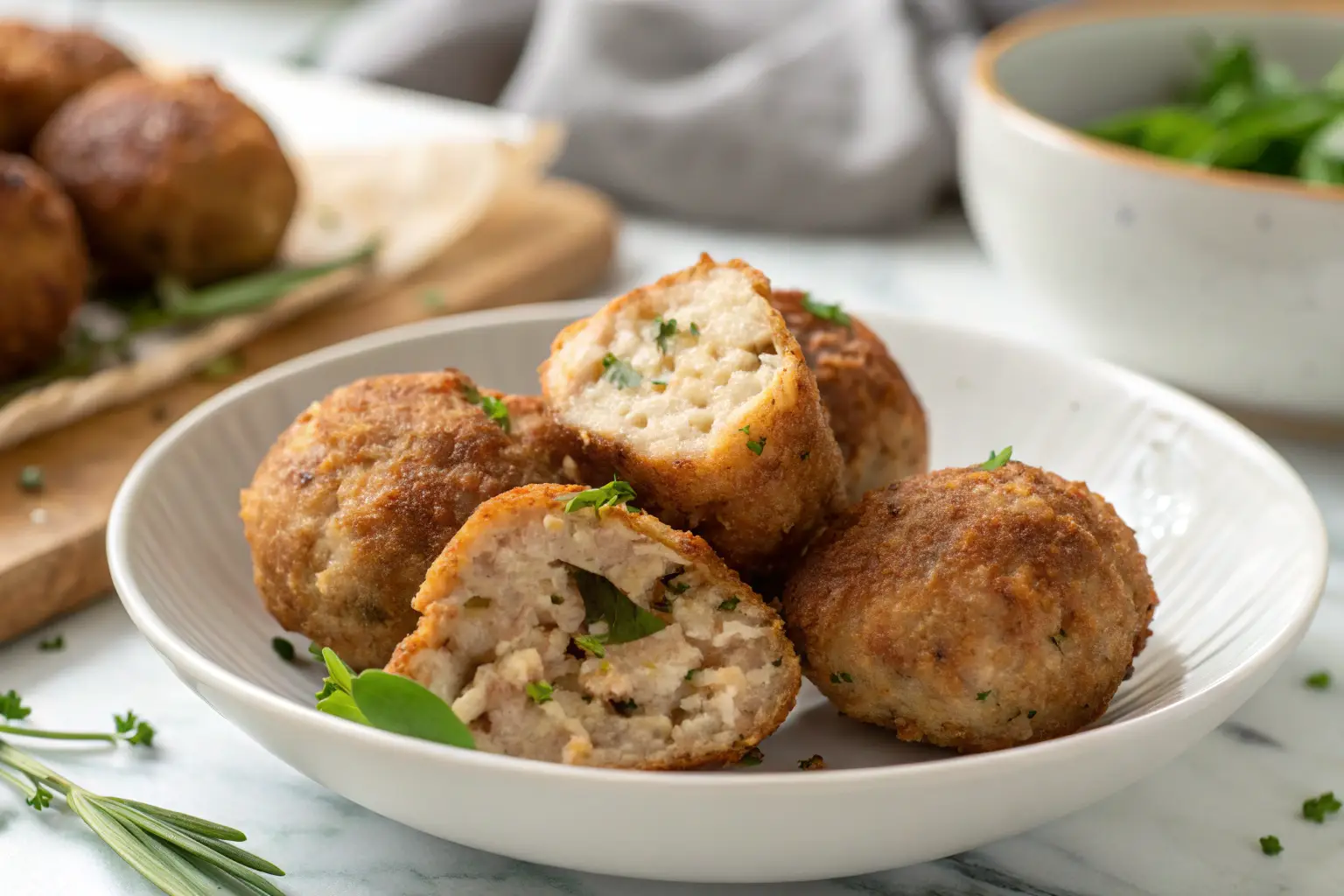Boulettes de porc haché maison dorées et croustillantes sur une assiette blanche