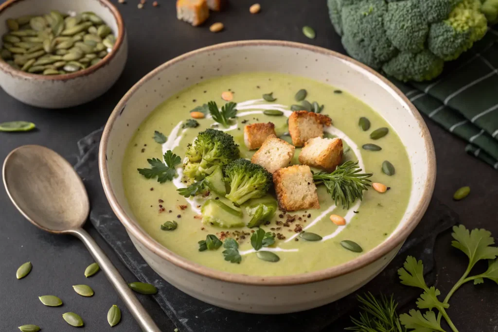 Crème de brocoli servie avec des croûtons et des herbes