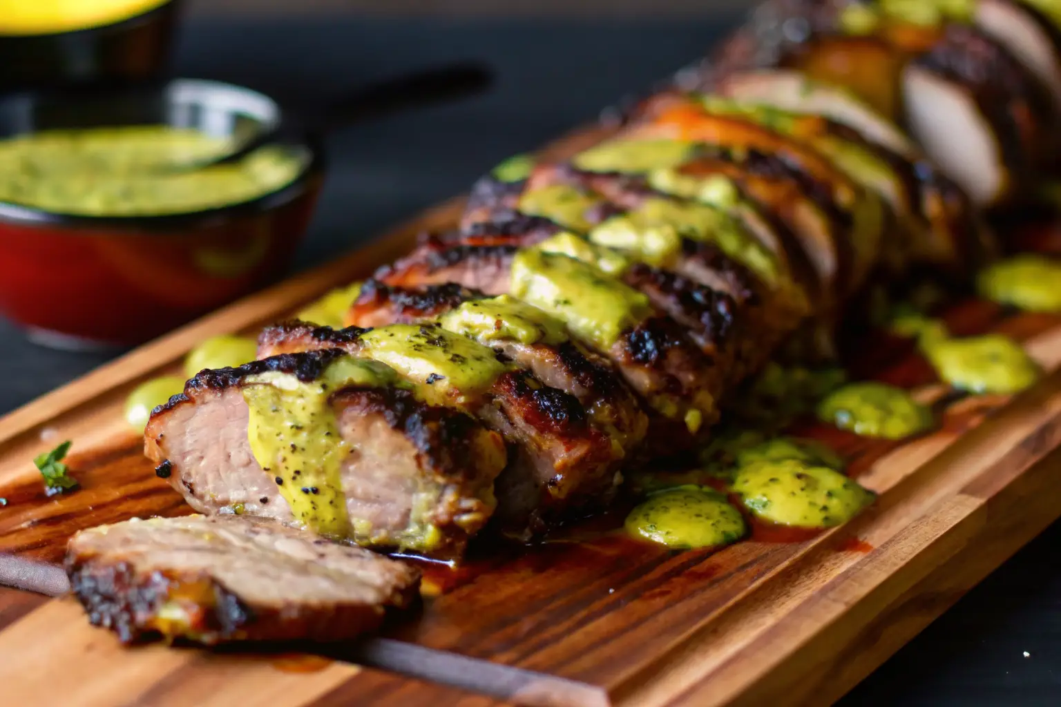 Filet de porc mariné grillé servi avec légumes colorés, parfait pour une cuisson au four ou au barbecue.