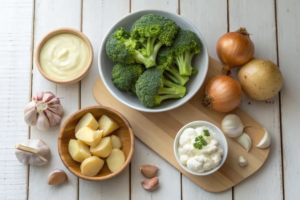 Ingrédients frais pour préparer une crème de brocoli