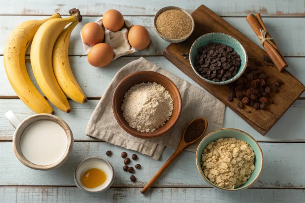 Ingrédients sains pour Recette Muffin Banane chocolat disposés à plat