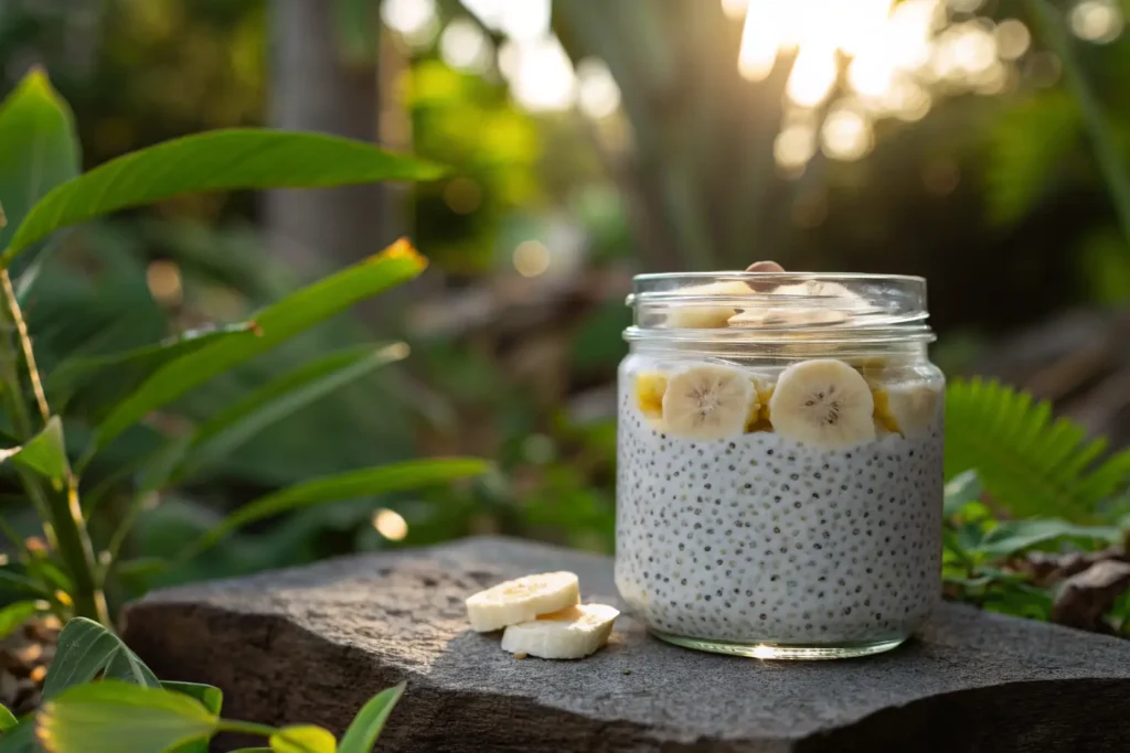 Porridge aux graines de chia et banane dans un bocal, parfait pour des Recettes sans cuisson pour campeurs