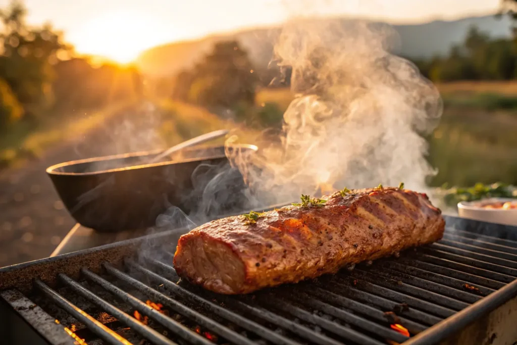 Filet de porc mariné en train de cuire au barbecue