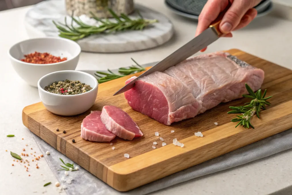 Préparation du filet de porc avant marinade