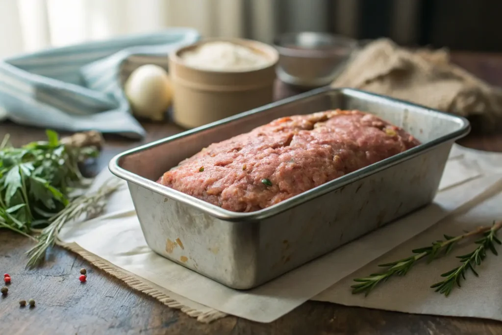Pain de viande cru dans un moule prêt à être enfourné