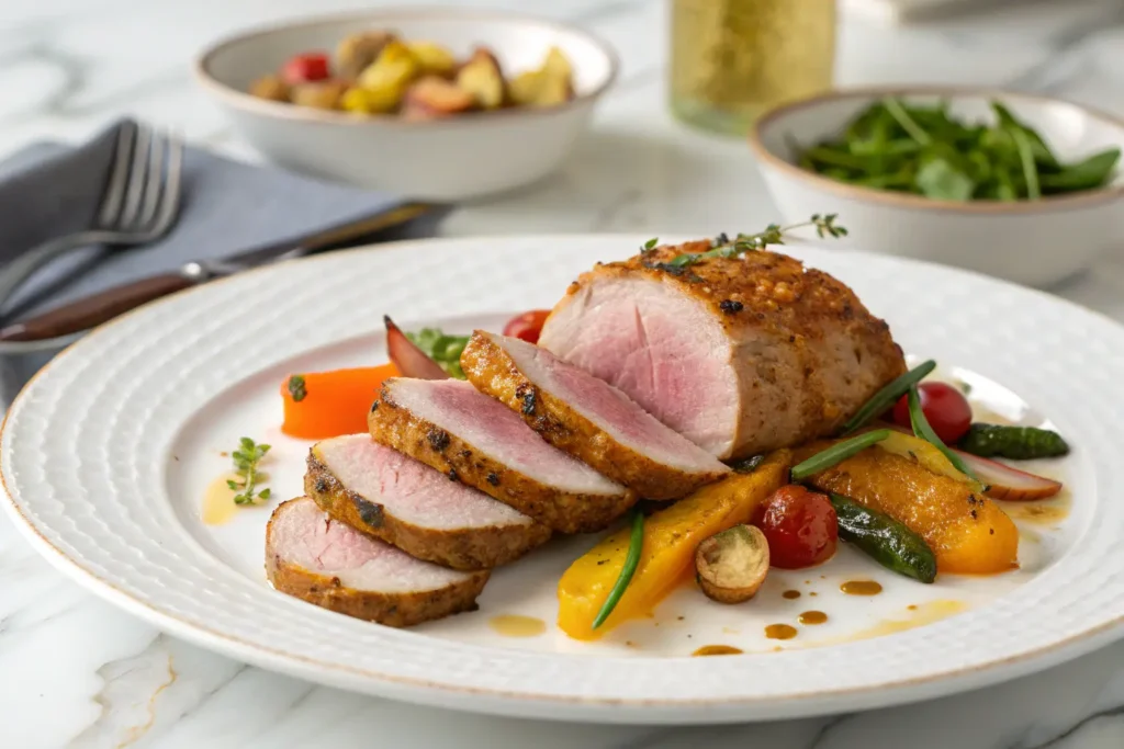 Filet de porc mariné tranché et servi avec légumes rôtis
