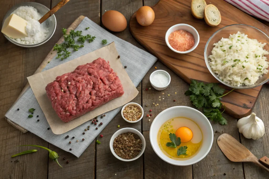 Ingrédients pour préparer recette pain de viande traditionnel sur une table rustique