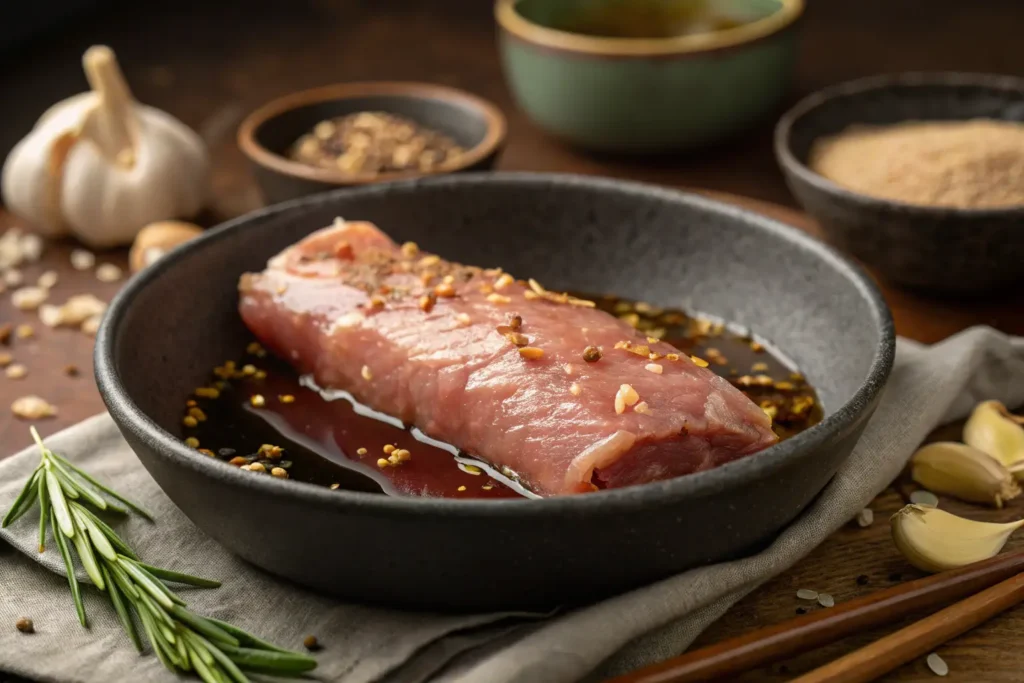 Filet de porc cru mariné à l’asiatique dans une sauce soja et gingembre