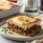 Moussaka traditionnelle grecque dorée au four, servie sur une assiette blanche