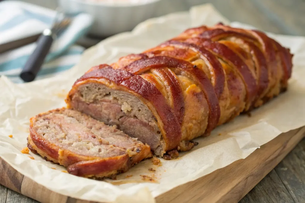 Variante classique du pain de viande recouvert de bacon croustillant