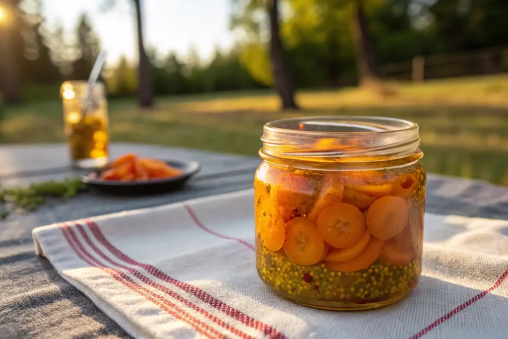 Bocal de pickles maison de carottes, prêt à emporter Recettes sans cuisson pour campeurs
