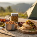 Repas sans cuisson posé sur une table de camping, idéal pour les campeurs en pleine nature