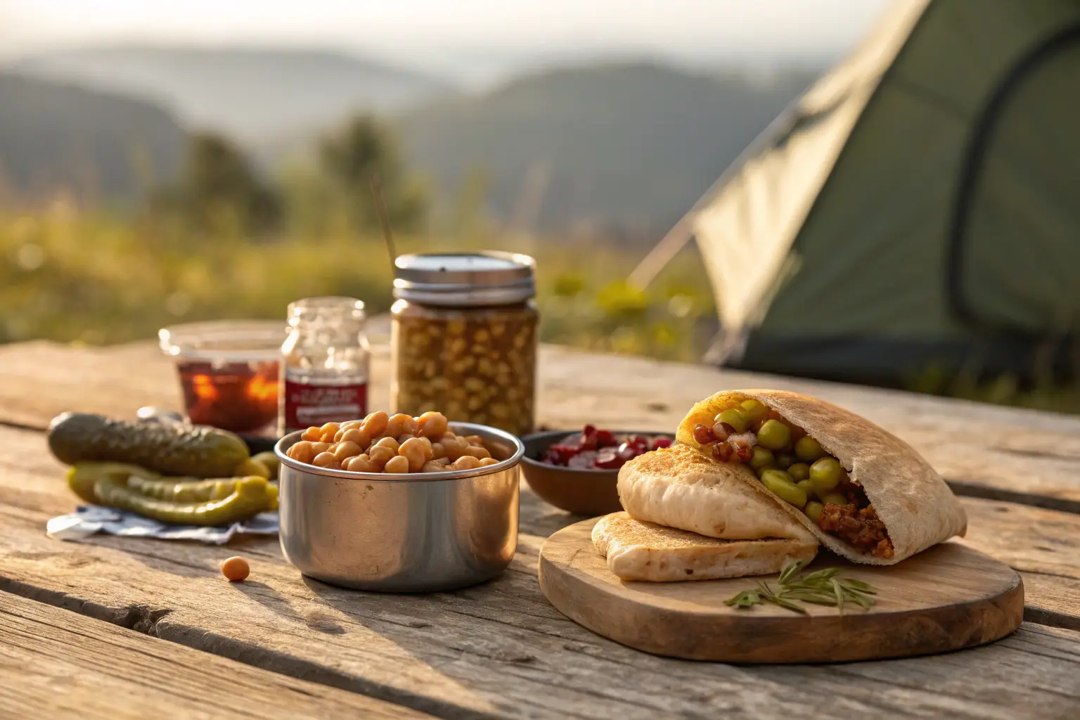 Repas sans cuisson posé sur une table de camping, idéal pour les campeurs en pleine nature