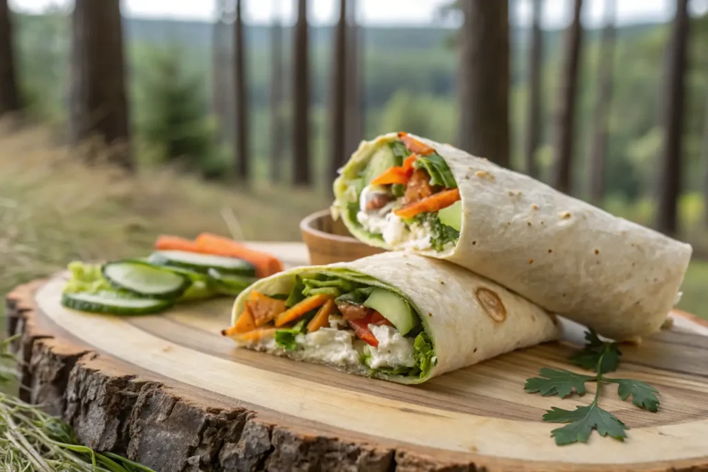 Wraps de crudités et fromage sans cuisson, posés sur une planche en bois